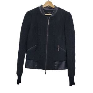 Alberto Makali | Wool Blend Mixed Media Faux Leather Trim Full Zip Bomber Jacket